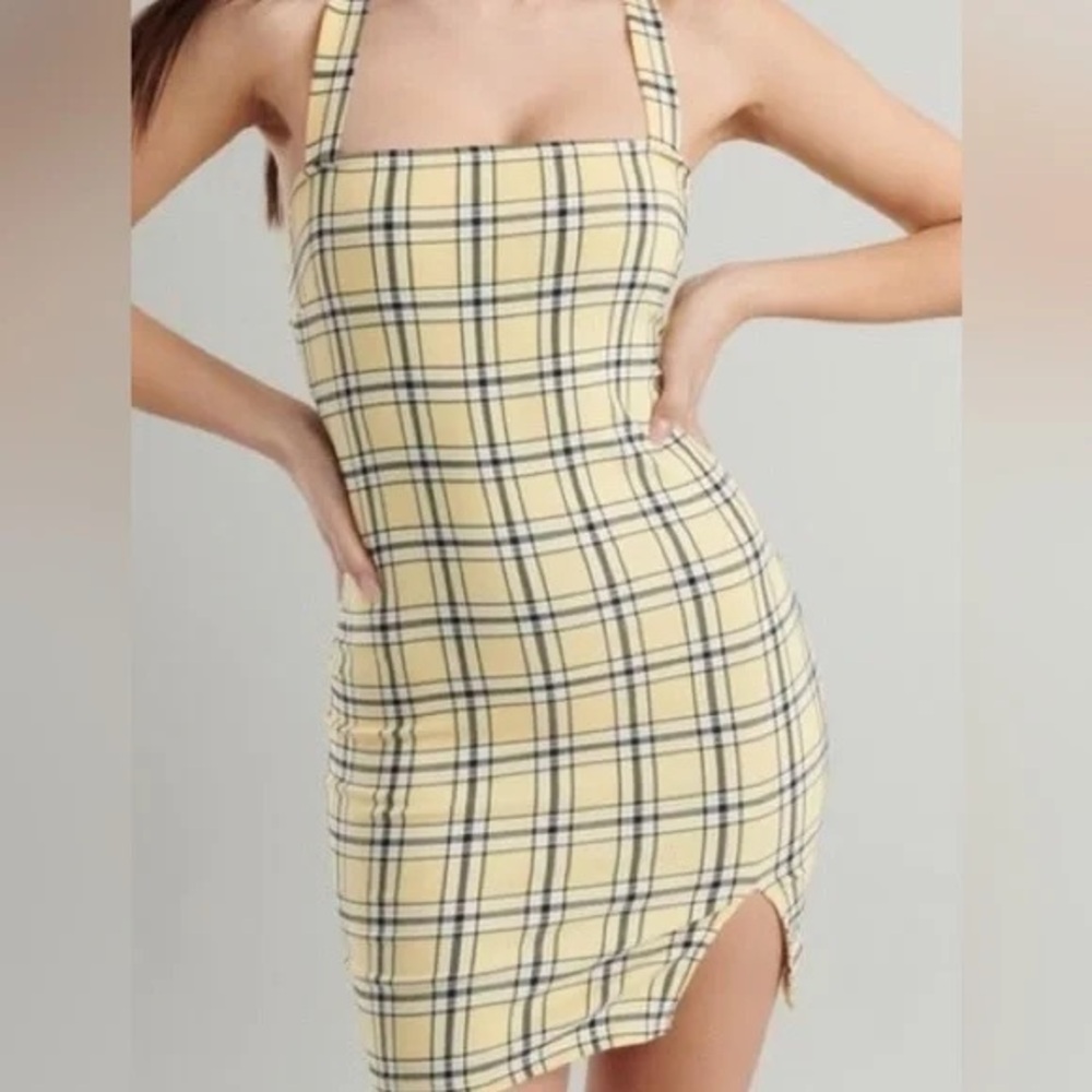 Garage Yellow and Black Sheath Mini Dress Square Neck Sleeveless